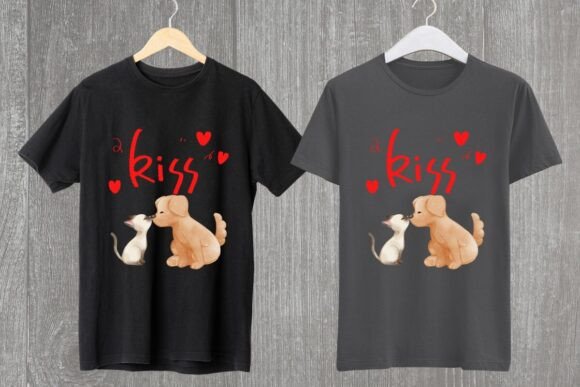 Cute Dog Kiss Cat POD T-Shirt Design